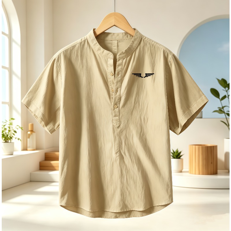 Linen Shirt Breathable - 남성용 면과 린넨 혼방 헨리넥 반팔