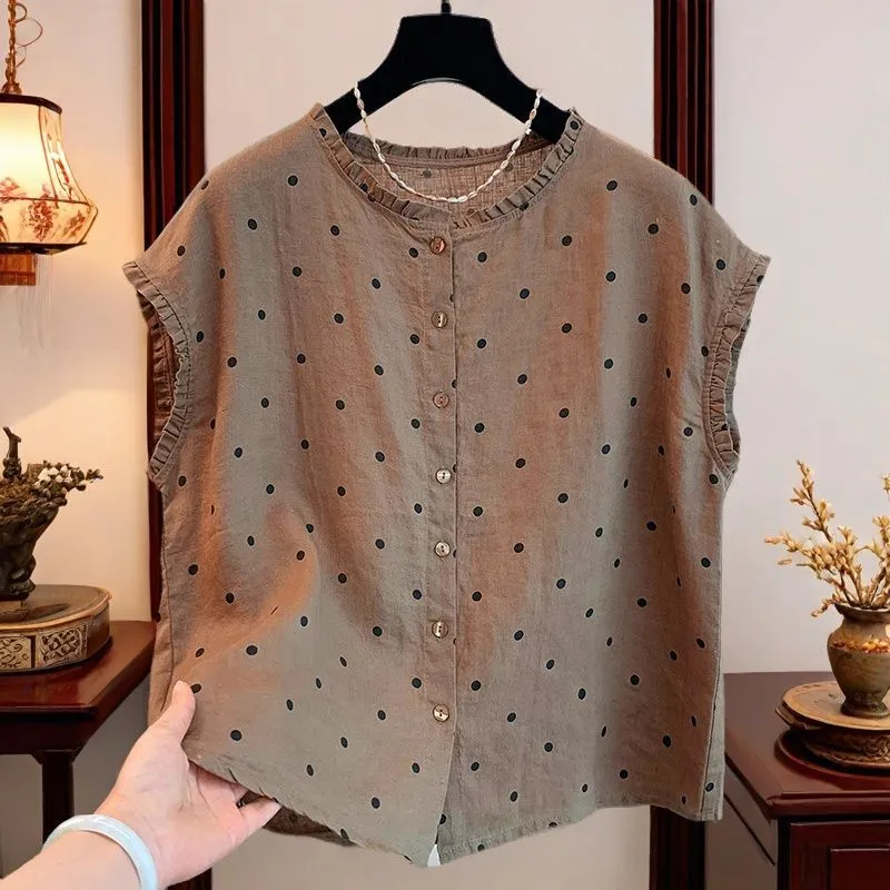 Shirt Camp Collar - 여성용 레트로 폴카 도트 리넨 코튼