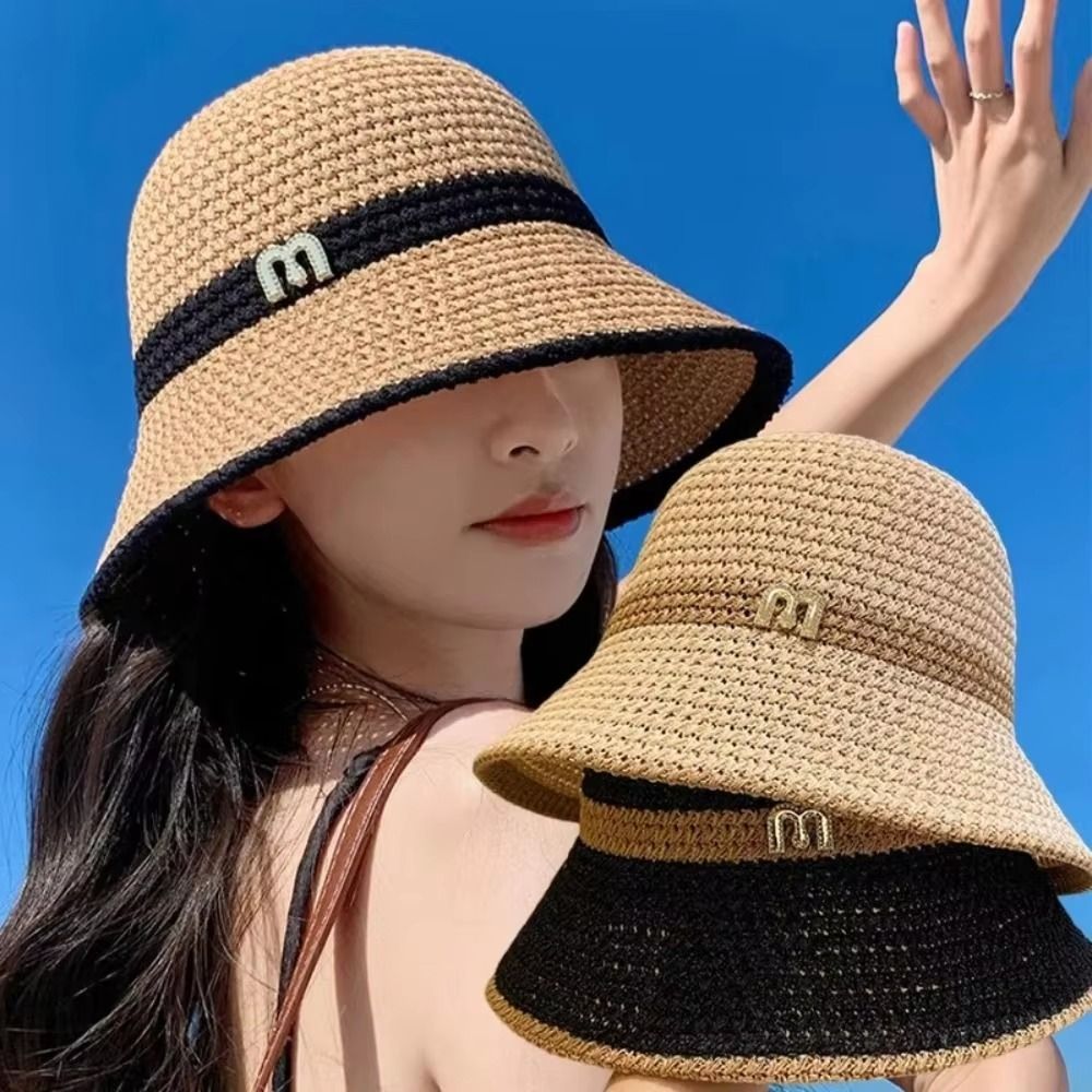 Bucket Hat Straw - 패션 우아한 활 어부 모자 자외선