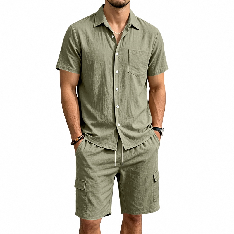 Linen Shirt Breathable - 남성 여름 아메리칸 린넨 투피스 세트