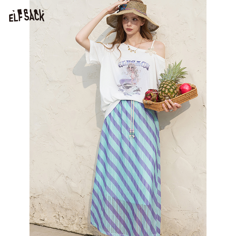 ELFSACK 여성용 오프 숄더 화이트 티셔츠와 미디  - Tee Graphic Print 리뷰 및 가격