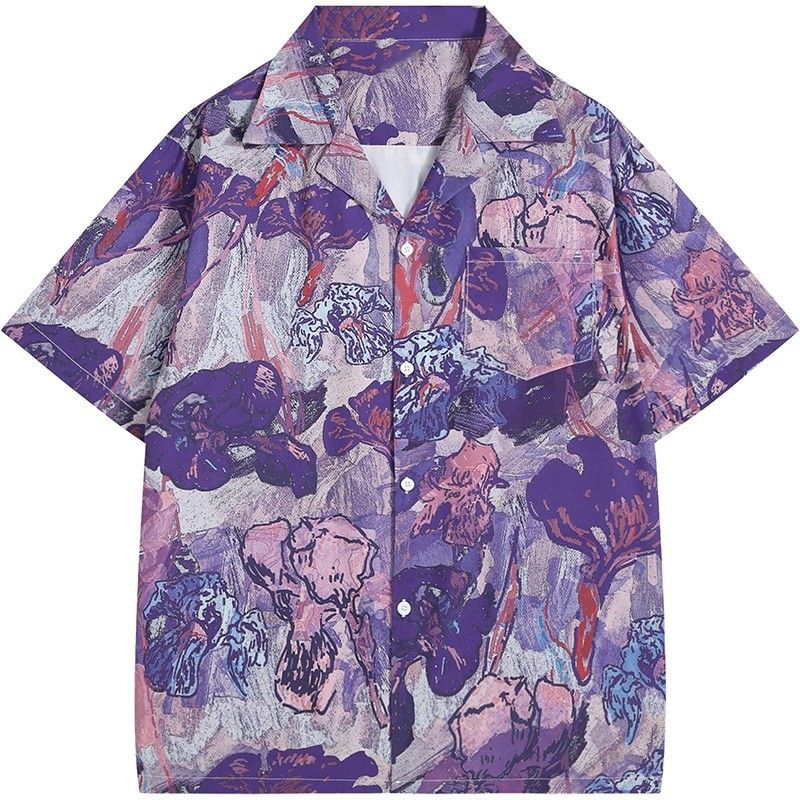 빈티지 퍼플 유화 아이리스 꽃무늬 추상화 풀 프린트 오 - Resort Shirt Floral 리뷰 및 가격