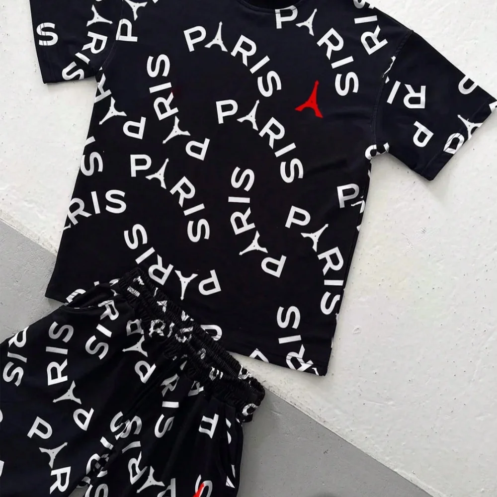 남성 레터 프린트 라운드넥 반팔 티셔츠 반바지 세트 캐 - Tee Graphic Print 리뷰 및 가격