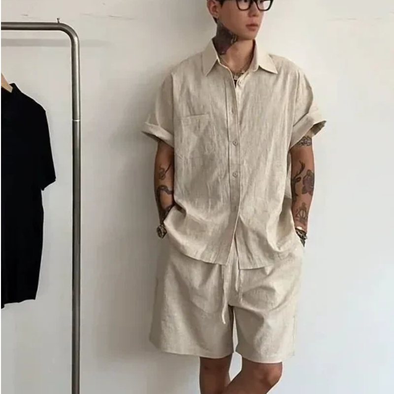 남성 린넨 코튼 투피스 세트 루즈핏 반팔 셔츠와 반바지 - Linen Shirt Breathable 리뷰 및 가격