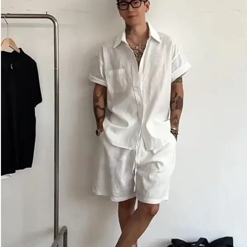 남성 린넨 코튼 투피스 세트 루즈핏 반팔 셔츠와 반바지 - Linen Shirt Breathable 리뷰 및 가격