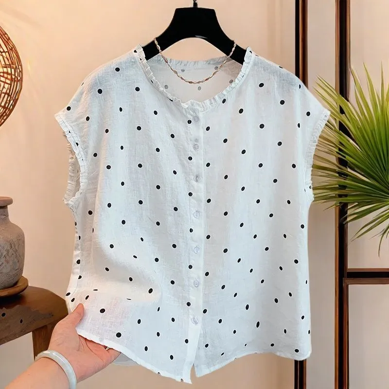 여성용 레트로 폴카 도트 리넨 코튼 블라우스 러플 칼라 - Shirt Camp Collar 리뷰 및 가격