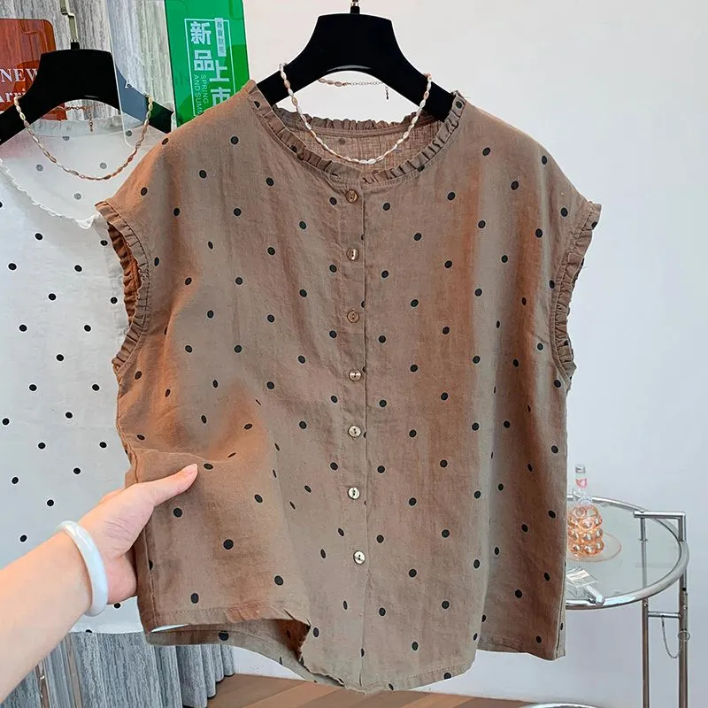 여성용 레트로 폴카 도트 리넨 코튼 블라우스 러플 칼라 - Shirt Camp Collar 리뷰 및 가격