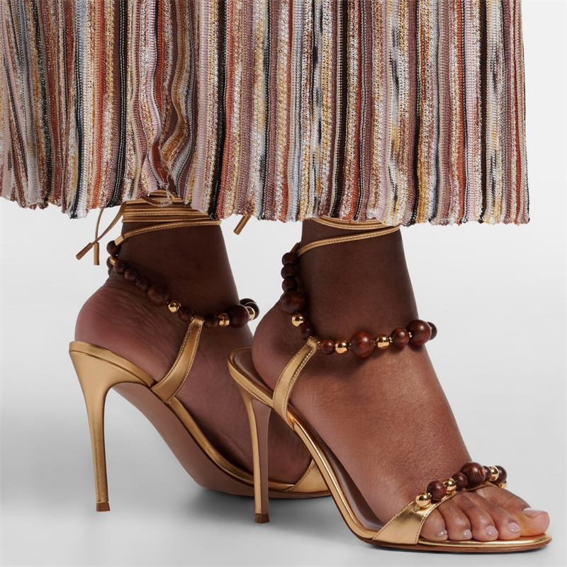 레트로 럭셔리 브라운 가죽 샌들 천연 나무 골드 비즈  - Casual Sandal Leather 리뷰 및 가격